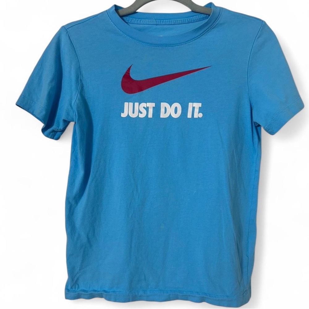 Nike Boys Large Blue Tshirt with red Swoosh and Just Do It in white letters